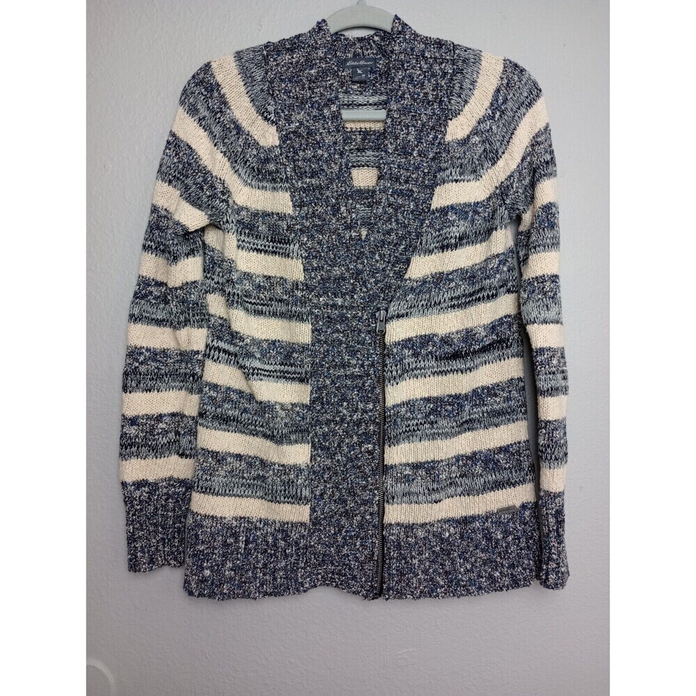 Eddie Bauer Zip front Cardigan Size M/Medium Blue White Striped Long Sleeves